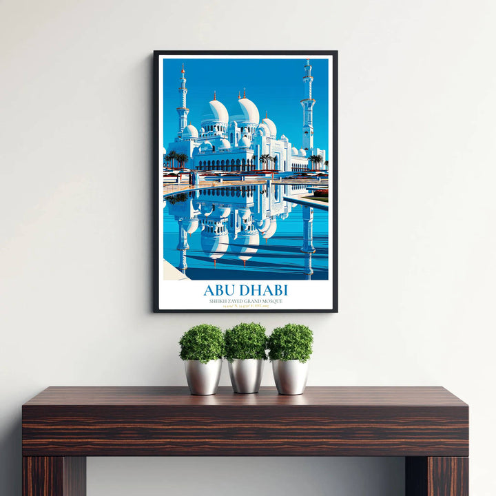 Deep blue water reflection photo poster of Sheikh Zayed Grand Mosque in Abu Dhabi under clean minimalist studio lighting. Published by MapYourDreams, this artwork is available in flexible options including unframed paper, custom wooden frames, and gallery canvas wraps for fine art display.