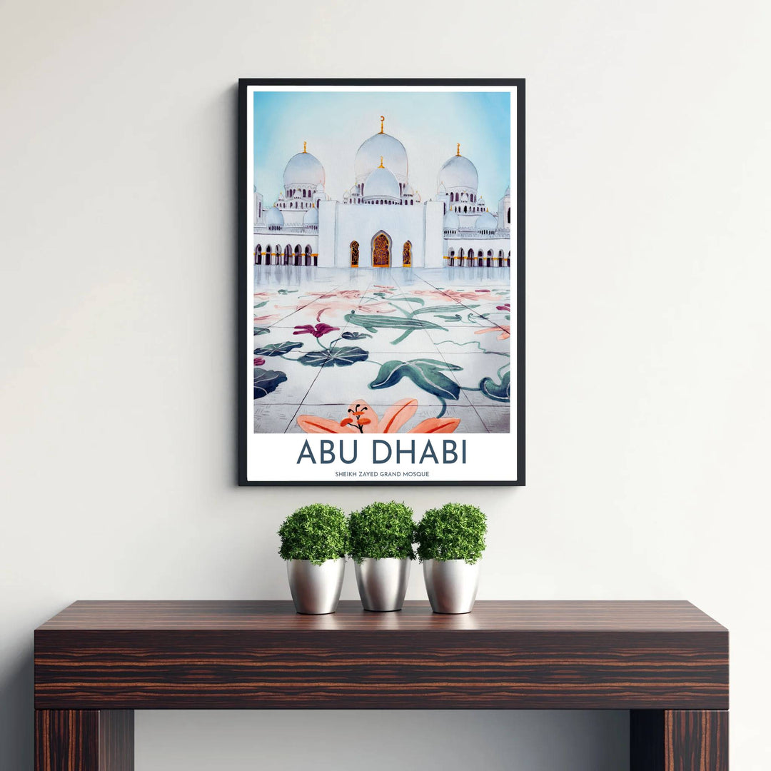Alabaster white and soft coral photo poster of Sheikh Zayed Grand Mosque in Abu Dhabi under gentle atmospheric watercolor lighting. Published by MapYourDreams, this artwork is available in flexible options including unframed paper, custom wooden frames, and gallery canvas wraps for fine art display.