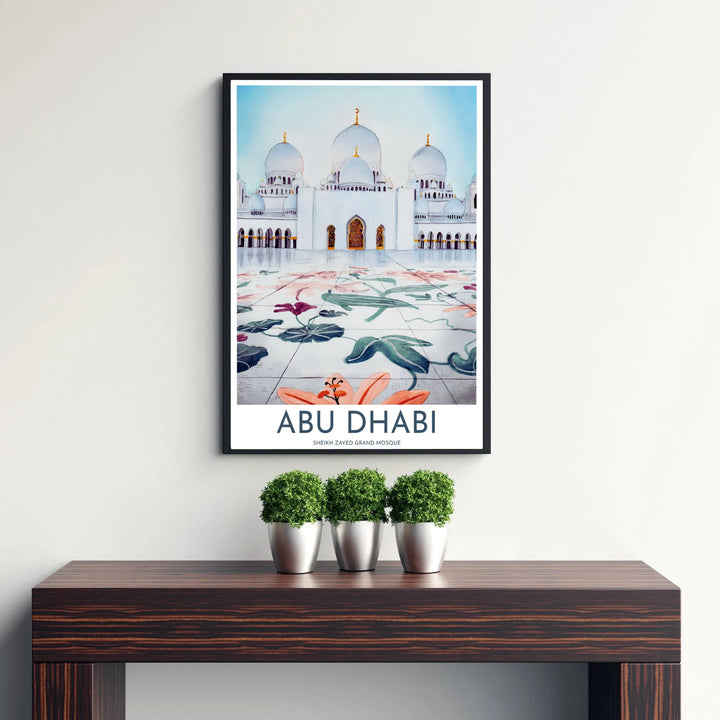 Alabaster white and soft coral photo poster of Sheikh Zayed Grand Mosque in Abu Dhabi under gentle atmospheric watercolor lighting. Published by MapYourDreams, this artwork is available in flexible options including unframed paper, custom wooden frames, and gallery canvas wraps for fine art display.