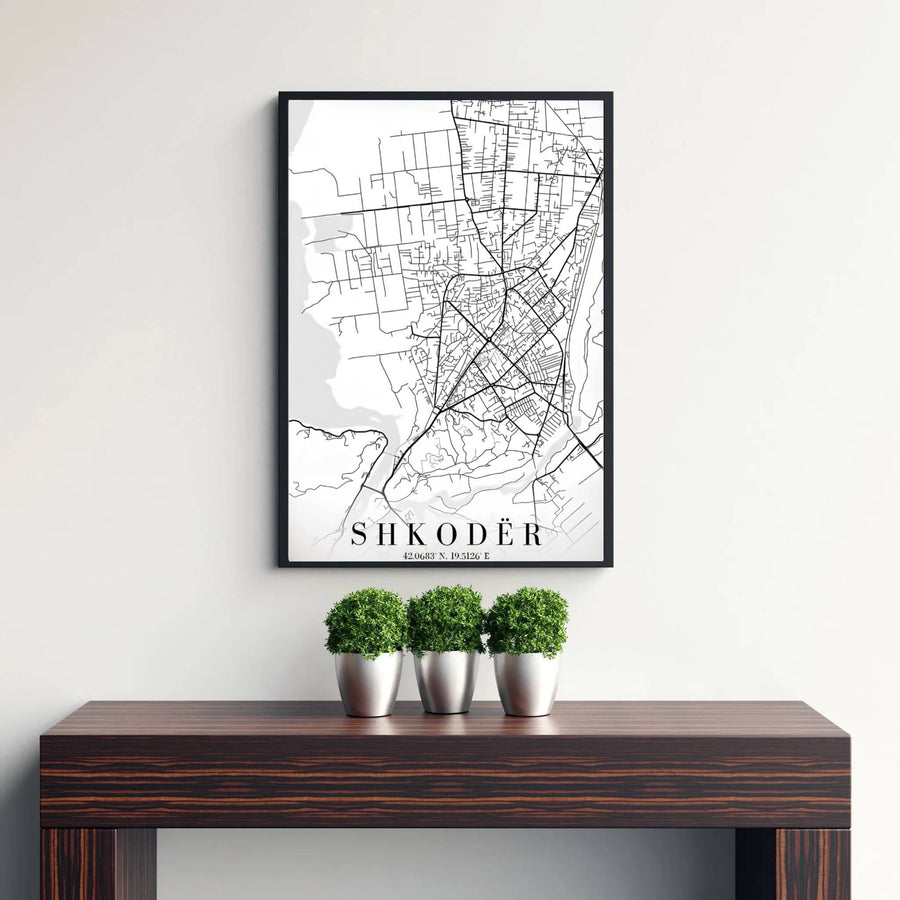 Bring modern cartographic elegance to your wall decor with a minimalist black and white map of Shkodër, designed for clean and contemporary interiors. Flexible purchasing options include unframed matte paper prints, framed presentations, and wrapped canvas formats.