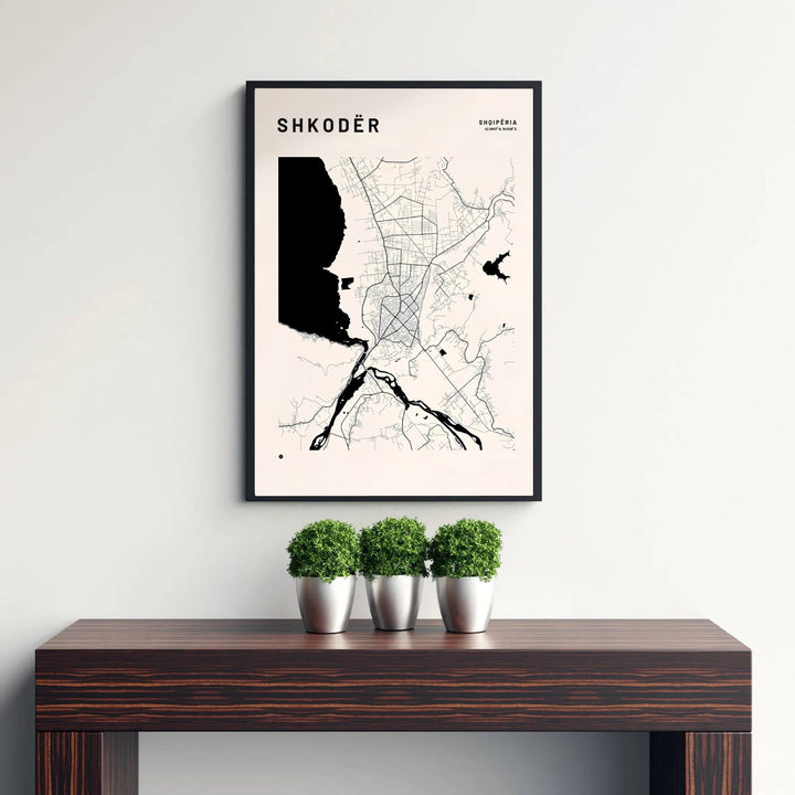 Bring modern cartographic elegance to your wall decor with a minimalist hydrology map of Shkodër, designed for clean and neutral-toned interiors. Flexible purchasing options include unframed matte paper prints, framed presentations, and wrapped canvas formats.