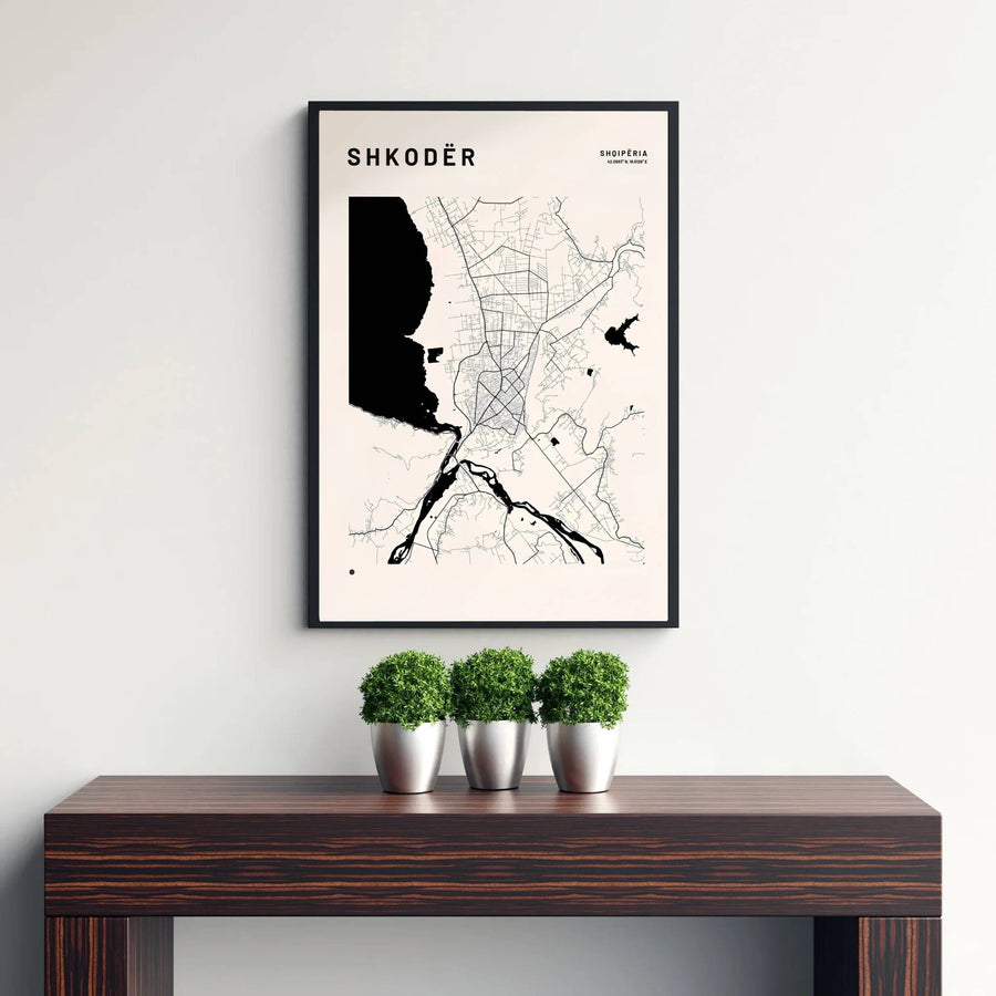 Bring modern cartographic elegance to your wall decor with a minimalist hydrology map of Shkodër, designed for clean and neutral-toned interiors. Flexible purchasing options include unframed matte paper prints, framed presentations, and wrapped canvas formats.