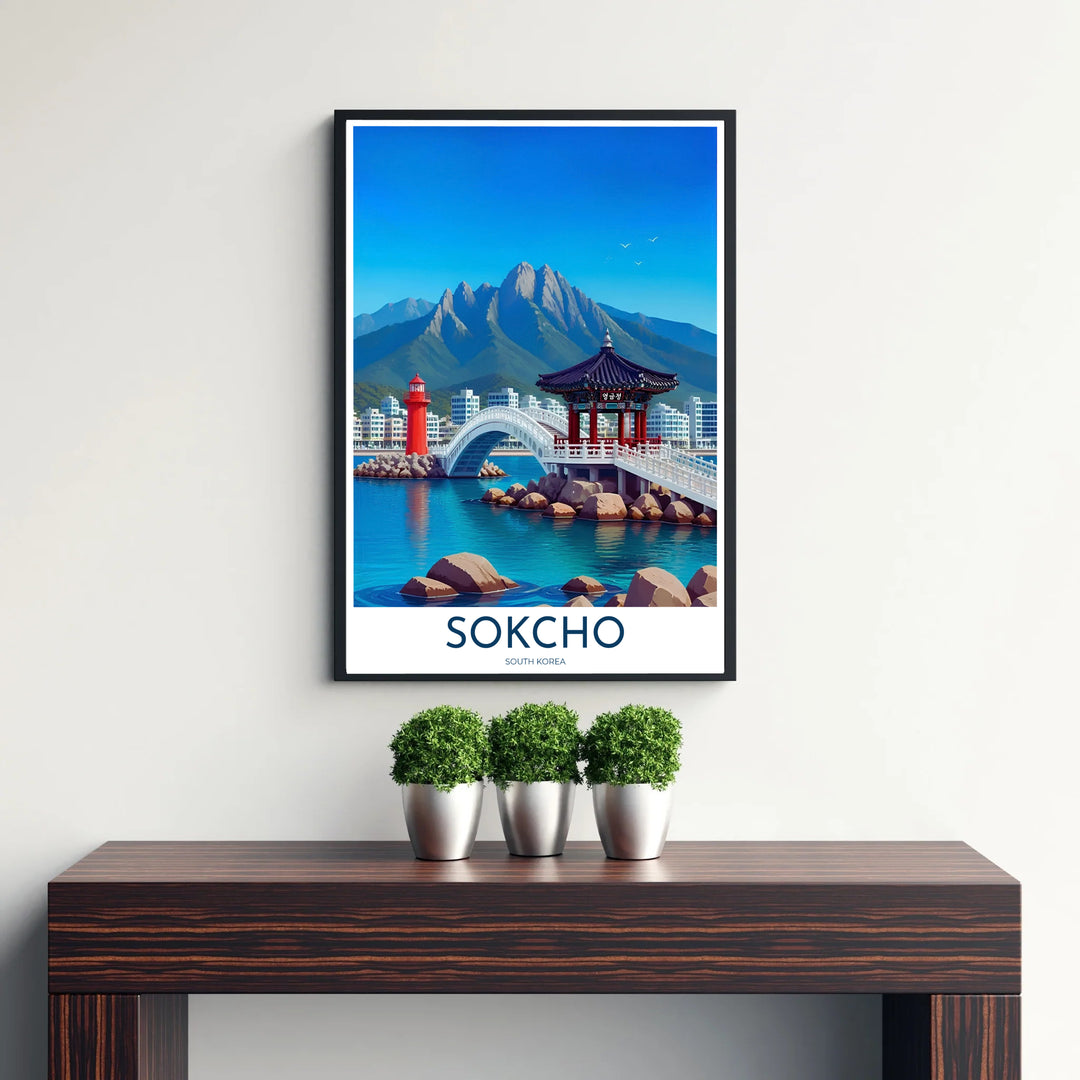 Detailed coastal art print illustrating the East Sea shore and Seoraksan National Park backdrop in Sokcho South Korea, designed by MapYourDreams in customizable choices including unframed archival paper, metallic gold frames, and canvas wraps that effortlessly suit coastal decor themes.