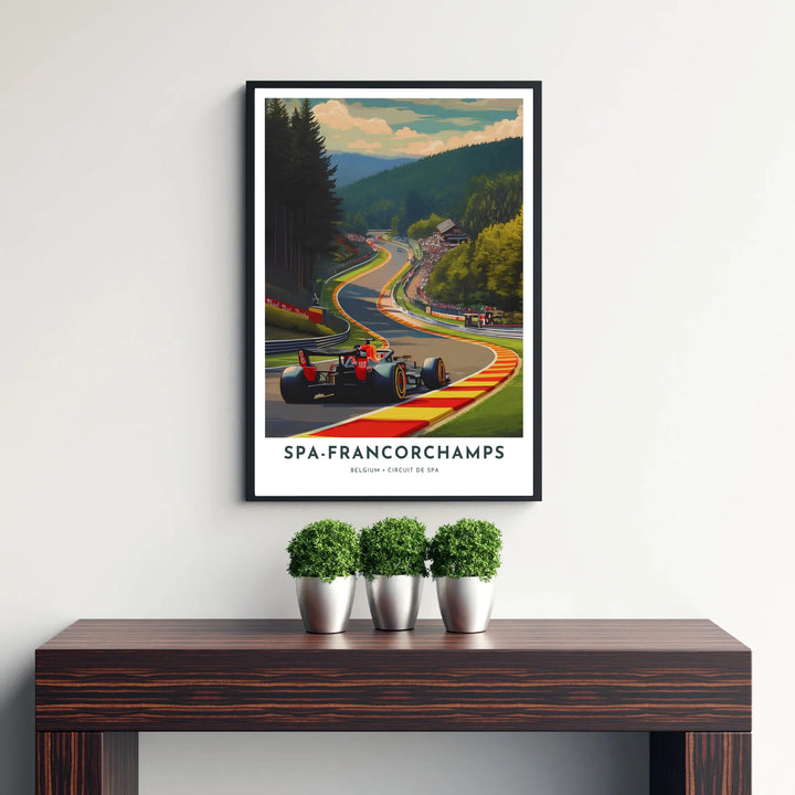 Spa-Francorchamps Formula 1 circuit print displaying a red race car driving uphill through the Ardennes forest in Stavelot, Belgium. Offered by MapYourDreams, this artwork is available in flexible options including unframed paper, custom wooden frames, and gallery canvas wraps.