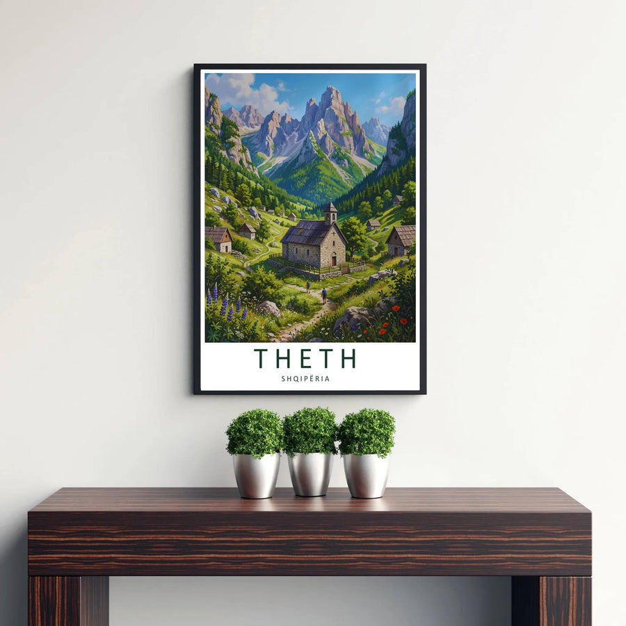 Transport your walls to the majestic highlands of the Accursed Mountains with a delicate illustrative rendering of Theth’s famous alpine sanctuary. Flexible purchase options include unframed paper, tailored wooden frames, and gallery canvas wraps for home decor.