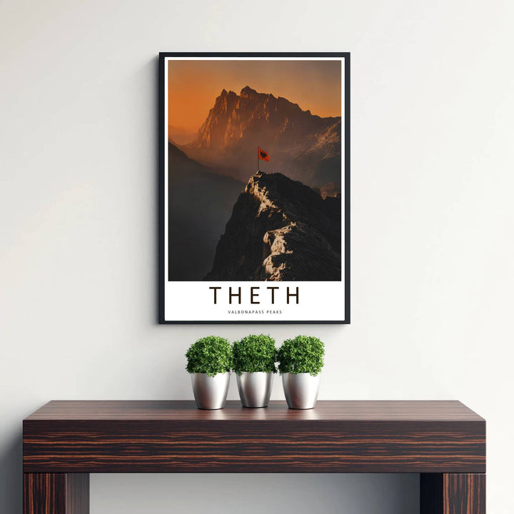 Transport your walls to the majestic highlands of the Accursed Mountains with a cinematic photographic rendering of the Theth Valbona summit flag. Flexible purchase options include unframed paper, tailored wooden frames, and gallery canvas wraps for home decor.