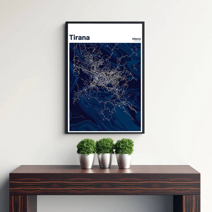 Bring modern cartographic elegance to your wall decor with a luxurious navy and white map of Tirana, designed for clean and contemporary interiors. Flexible purchasing options include unframed matte paper prints, framed presentations, and wrapped canvas formats.