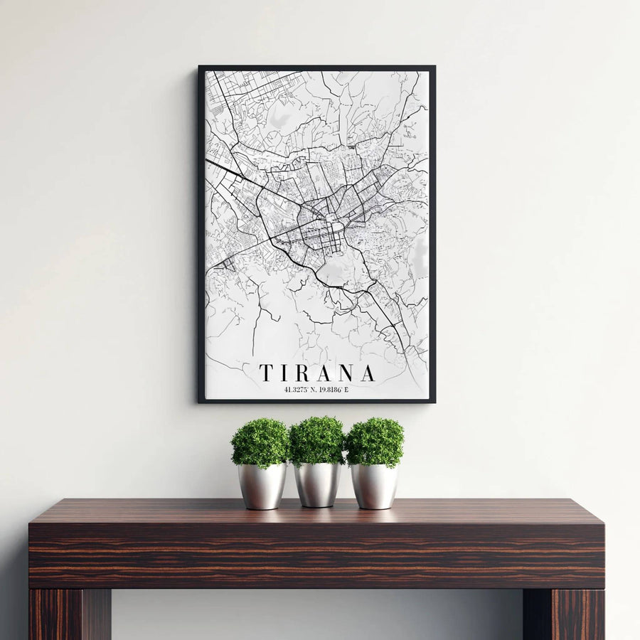 Bring modern cartographic elegance to your wall decor with a minimalist black and white map of Tirana, designed for clean and contemporary interiors. Flexible purchasing options include unframed matte paper prints, framed presentations, and wrapped canvas formats.
