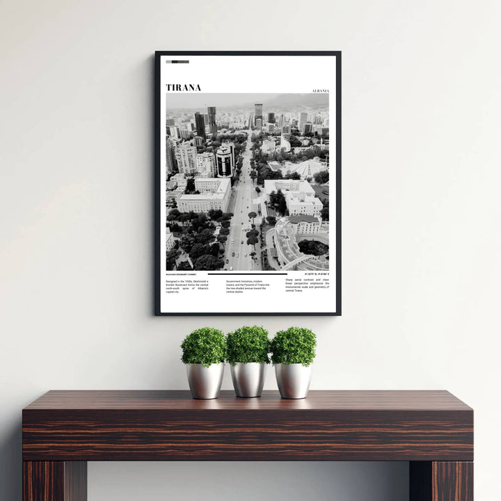 Transport your walls to the administrative heart of Albania with a cinematic Black &amp; White photographic rendering of Tirana’s Dëshmorët e Kombit Boulevard skyline. Flexible purchase options include unframed paper, tailored wooden frames, and gallery canvas wraps for home decor.