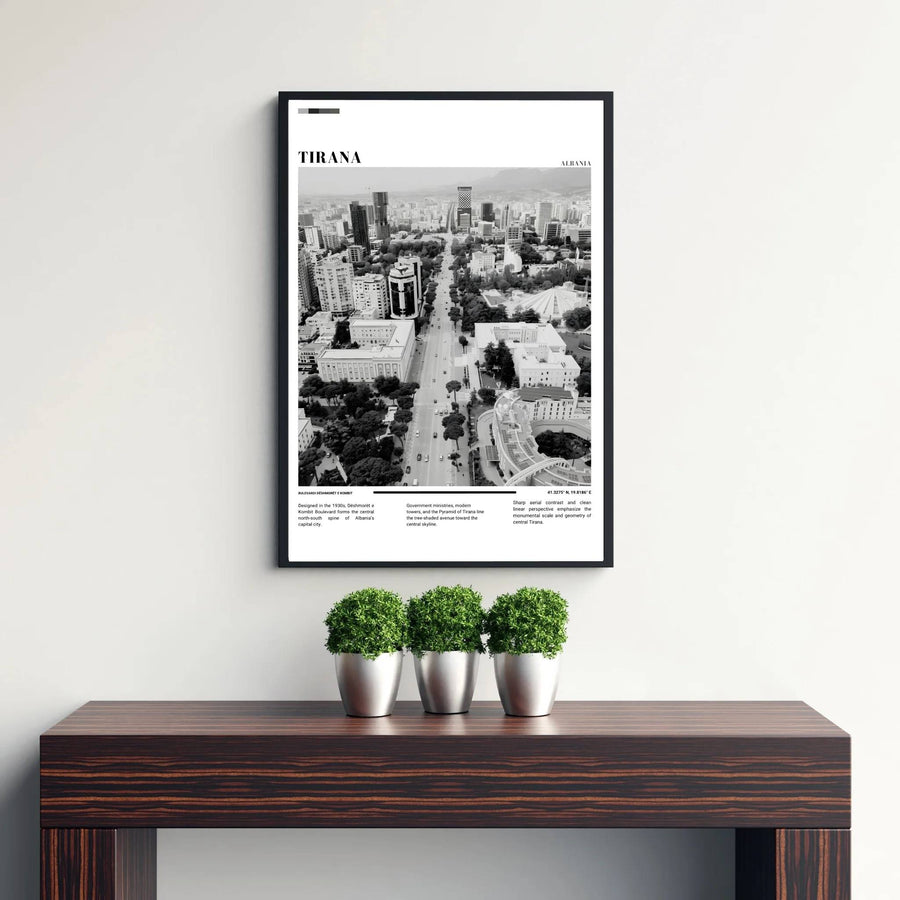 Transport your walls to the administrative heart of Albania with a cinematic Black &amp; White photographic rendering of Tirana’s Dëshmorët e Kombit Boulevard skyline. Flexible purchase options include unframed paper, tailored wooden frames, and gallery canvas wraps for home decor.