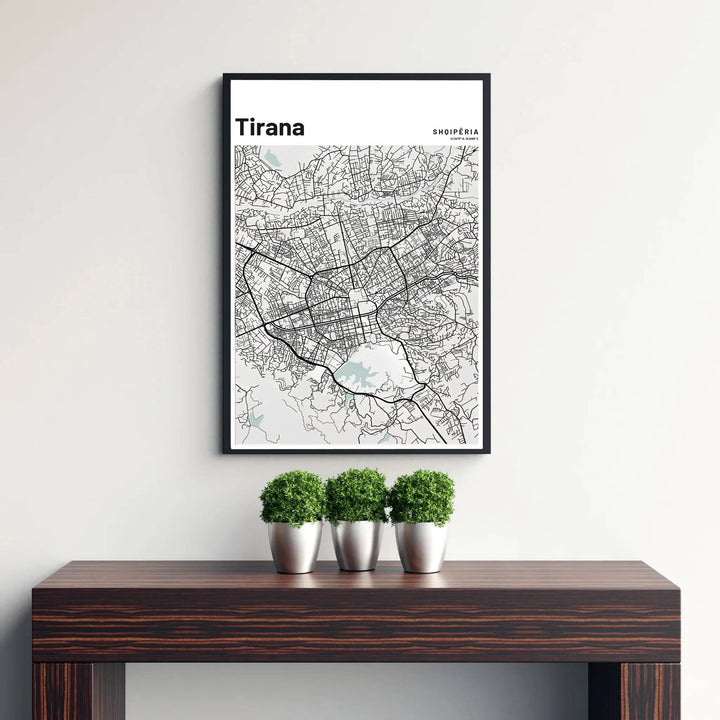 Bring modern cartographic elegance to your wall decor with a minimalist grey and black map of Tirana, designed for clean and contemporary interiors. Flexible purchasing options include unframed matte paper prints, framed presentations, and wrapped canvas formats.