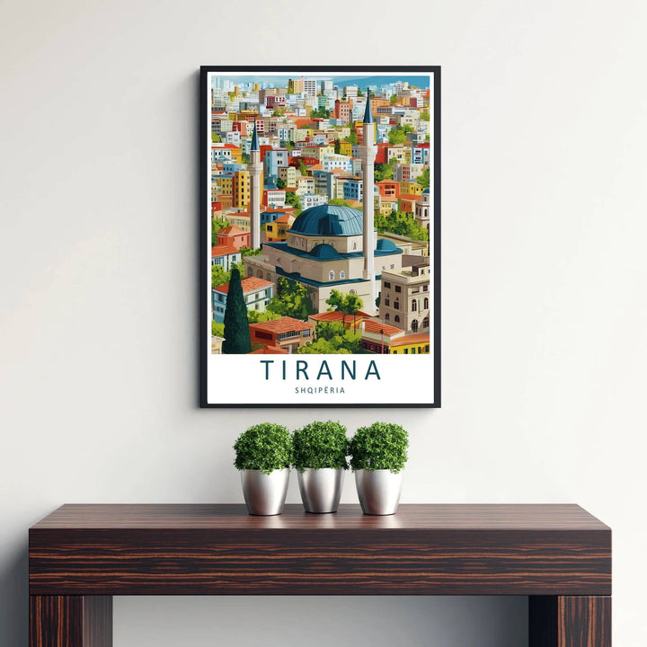 Warm daytime sunlight bathes the grand central dome and soaring minarets of Tirana&