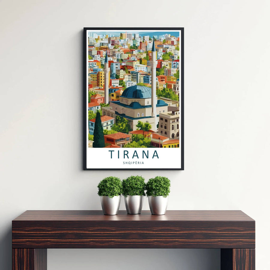 Warm daytime sunlight bathes the grand central dome and soaring minarets of Tirana&