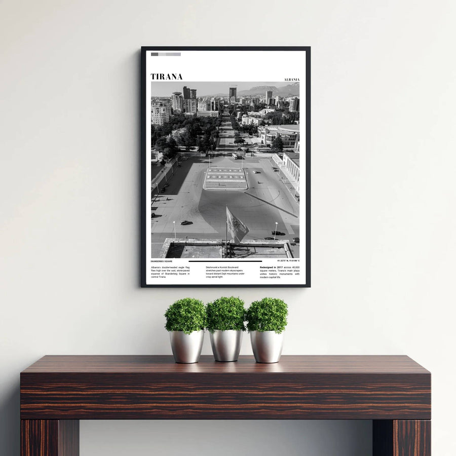 Transport your walls to the civic heart of Albania with a cinematic Black &amp; White photographic rendering of Tirana’s Skanderbeg Square skyline. Flexible purchase options include unframed paper, tailored wooden frames, and gallery canvas wraps for home decor.