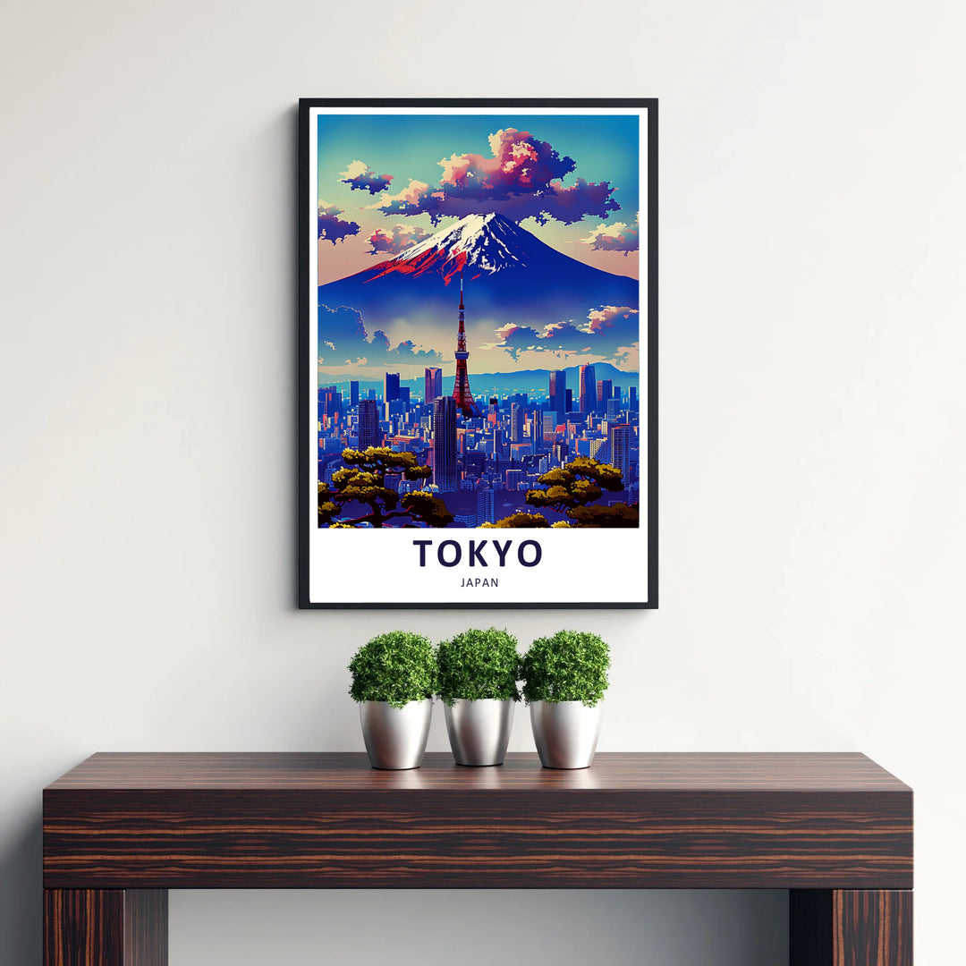 Vintage style Japanese travel poster capturing iconic Mount Fuji rising behind the urban Tokyo cityscape. Offered by MapYourDreams, this artwork is available in flexible options including unframed paper, custom wooden frames, and gallery canvas wraps.