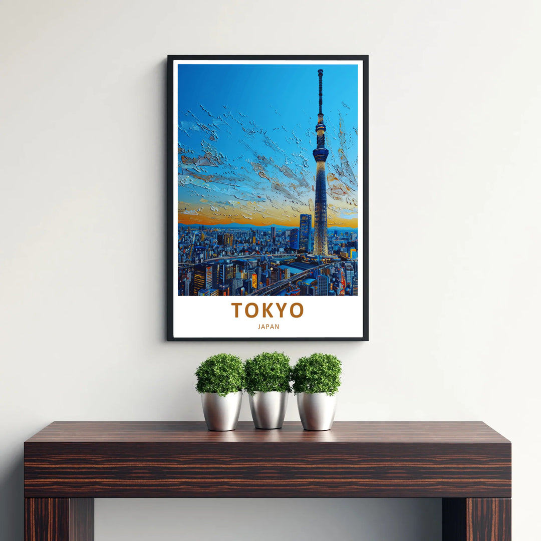Artistic graphic print of Tokyo Skytree tower and glowing Japanese city lights in a modern art style. Offered by MapYourDreams, this artwork is available in flexible options including unframed paper, custom wooden frames, and gallery canvas wraps.