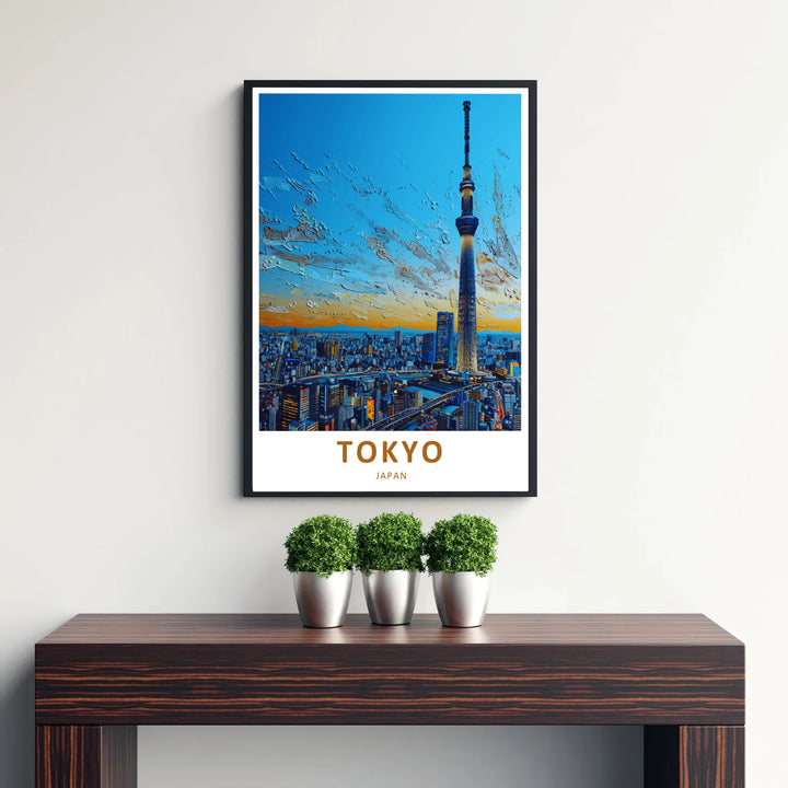 Artistic graphic print of Tokyo Skytree tower and glowing Japanese city lights in a modern art style. Offered by MapYourDreams, this artwork is available in flexible options including unframed paper, custom wooden frames, and gallery canvas wraps.