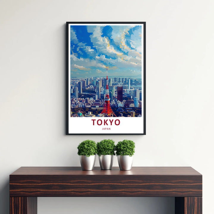 Artistic graphic print of red Tokyo Tower and sprawling Tokyo city buildings in an expressive art style. Offered by MapYourDreams, this artwork is available in flexible options including unframed paper, custom wooden frames, and gallery canvas wraps.