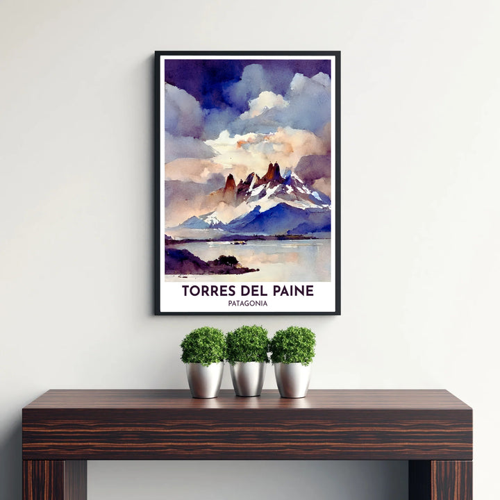 Framed by clean typography reading Torres del Paine Patagonia, this Torres del Paine wall art highlights world-famous mountain scenery, created by MapYourDreams and available as an unframed paper print, custom framed picture, or canvas decor.