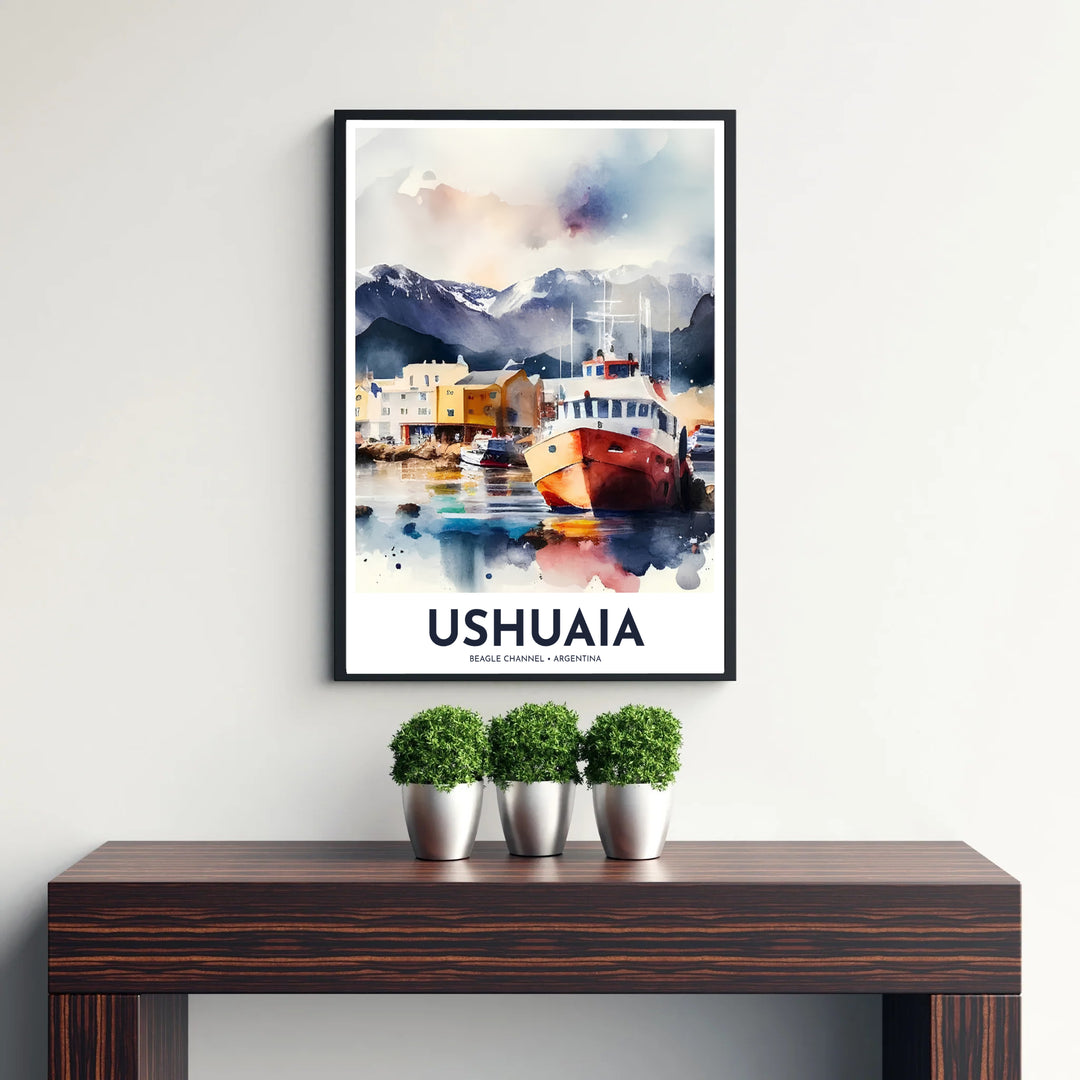 Bathed in gentle polar daylight, this Ushuaia port wall decor showcases warm ochre boats contrasting with slate blue mountains, expertly produced by MapYourDreams in archival paper, custom wood frames, and gallery-wrapped canvas.