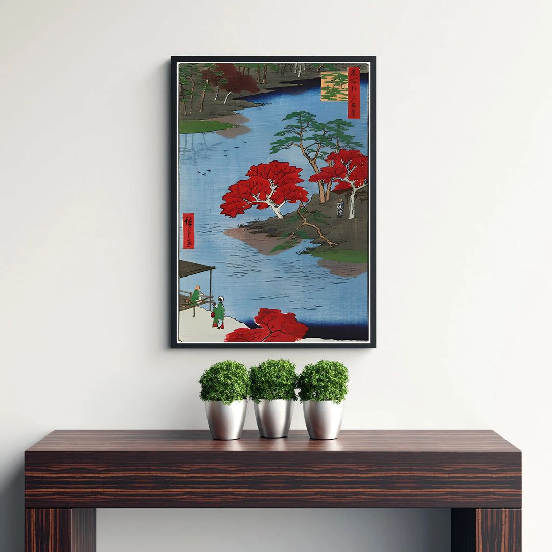 Refined Japanese foliage poster Akiba Shrine Ukeji by artist Utagawa Hiroshige displaying traditional autumn maple foliage in Akiba Shrine Ukeji. Discover tailored framed, unframed, and canvas print decor options at MapYourDreams.
