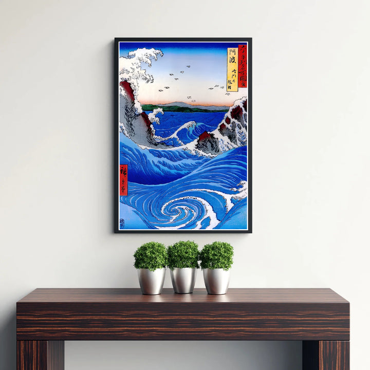 Refined Japanese coastal poster Naruto Whirlpool Awa Province by artist Utagawa Hiroshige displaying traditional swirling sea currents in Naruto Whirlpool Awa Province. Discover tailored framed, unframed, and canvas print decor options at MapYourDreams.