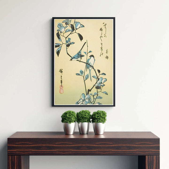 Refined Japanese botanical poster Birds Flowering Branch by artist Utagawa Hiroshige displaying traditional kacho-ga songbird artwork in Edo Botanical Garden. Discover tailored framed, unframed, and canvas print decor options at MapYourDreams.