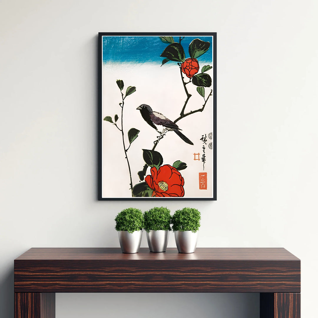 Refined Japanese botanical poster Java Sparrow Camellia by artist Utagawa Hiroshige displaying elegant camellia branches in Kyoto Camellia Garden. Discover tailored framed, unframed, and canvas print decor options at MapYourDreams.