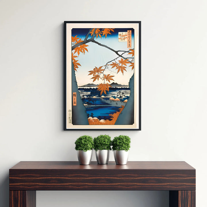 Refined Japanese autumn tree poster Maple Trees at Mama by artist Utagawa Hiroshige displaying maple branches at Maple Trees at Mama and Tekona Shrine. Discover custom framed, unframed, and canvas print decor options at MapYourDreams.