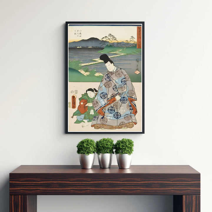 Traditional Asian history art print Chiryu Yatsuhashi by artist Utagawa Kunisada and Utagawa Hiroshige displaying figures and landscape at Chiryu Post Station and Yatsuhashi Bridge. MapYourDreams supplies framed, unframed, and canvas poster options for wall decor.