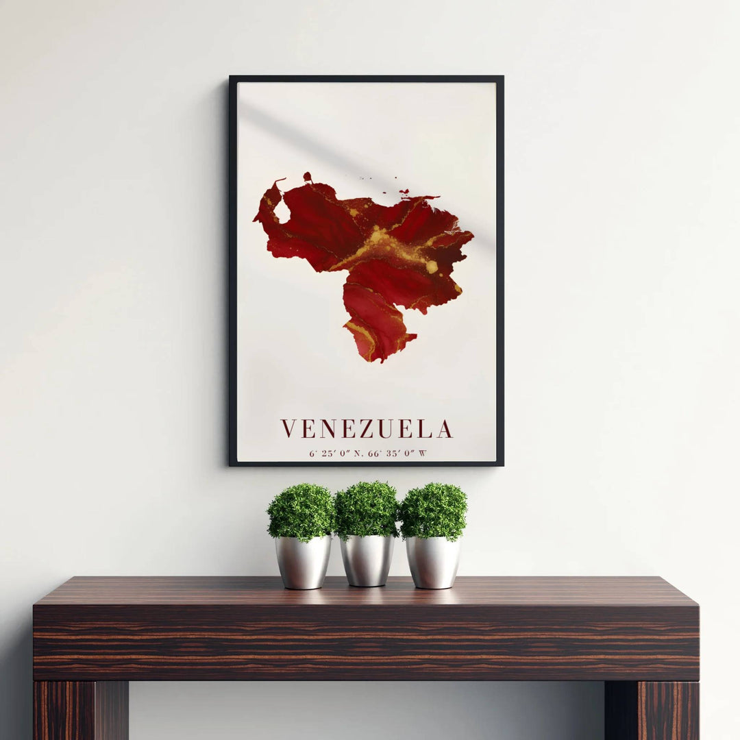 Modern abstract cartographic art print capturing the organic fluid ink layers, metallic luster, and geographic shape of Venezuela. Offered by MapYourDreams, customers can choose between standalone paper prints, ready-to-hang wooden frames, and gallery canvas wraps.