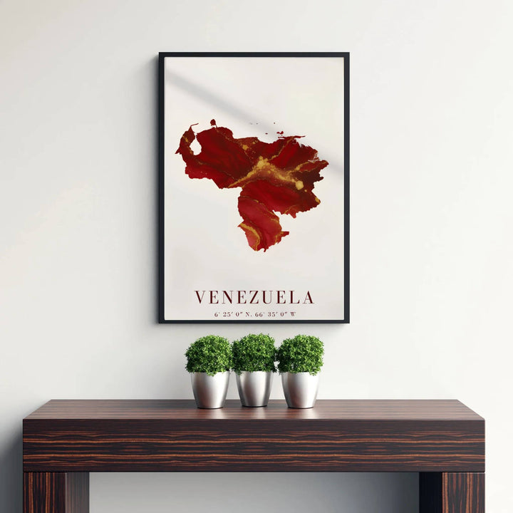 Modern abstract cartographic art print capturing the organic fluid ink layers, metallic luster, and geographic shape of Venezuela. Offered by MapYourDreams, customers can choose between standalone paper prints, ready-to-hang wooden frames, and gallery canvas wraps.