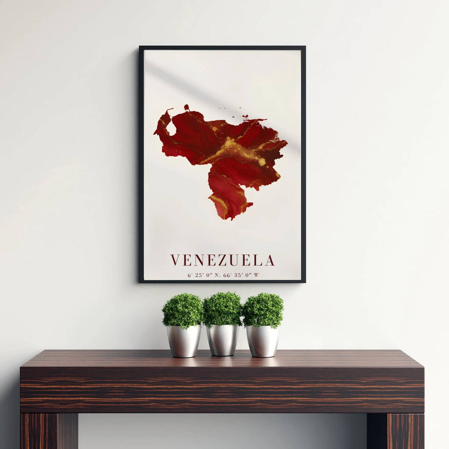 Modern abstract cartographic art print capturing the organic fluid ink layers, metallic luster, and geographic shape of Venezuela. Offered by MapYourDreams, customers can choose between standalone paper prints, ready-to-hang wooden frames, and gallery canvas wraps.