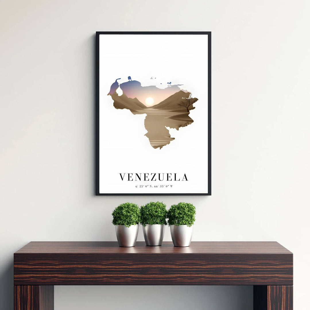 High-contrast golden amber, sandy beige, and periwinkle blue wall art showing the desert map silhouette of Venezuela. Curated by MapYourDreams, this wall piece offers customizable choices such as archival paper prints, real wood frames, or canvas wraps.