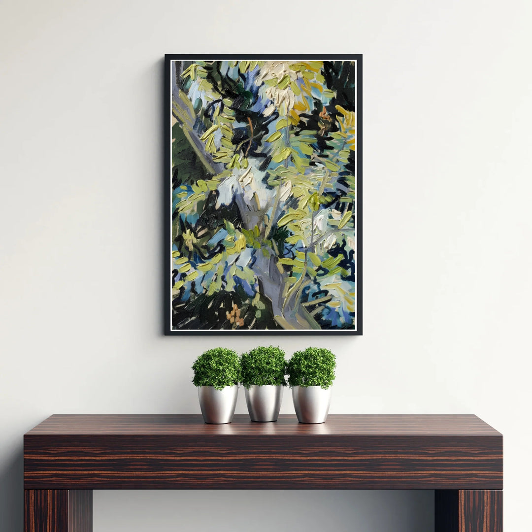 European master painter art print of Vincent van Gogh Blossoming Acacia Branches 1890 displaying dense acacia leaves in Auvers-sur-Oise France. MapYourDreams presents quality framed wall art, unframed poster options, and stretched canvas formats for curated residential spaces.