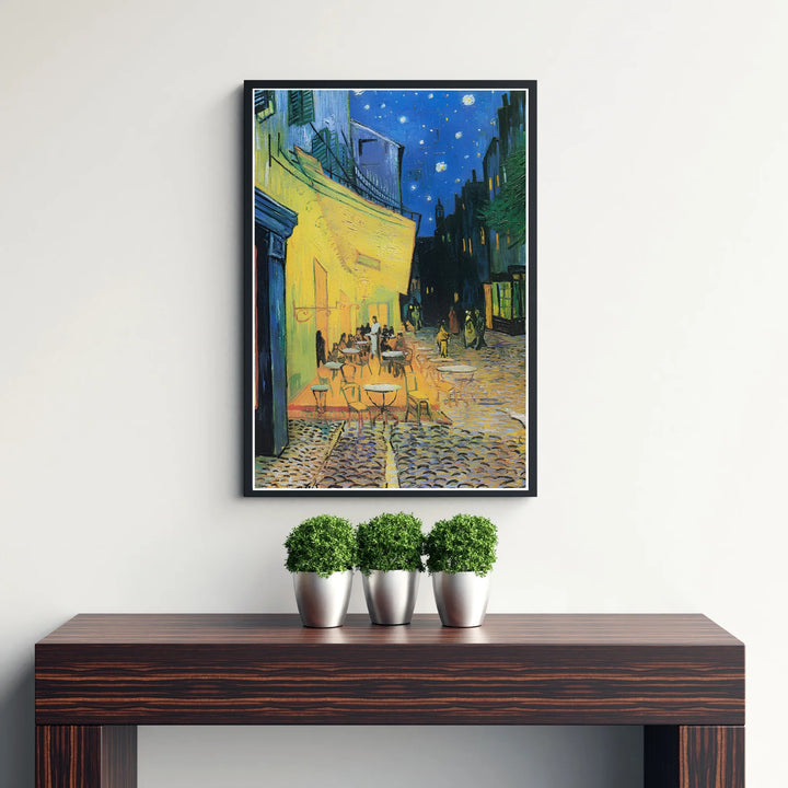Fine art wall decor print of Vincent van Gogh Cafe Terrace at Night 1888 displaying illuminated outdoor seating on Place du Forum in Arles France. MapYourDreams supplies custom framed paper prints, unframed posters, and gallery stretched canvas art ideal for classic art lover spaces.