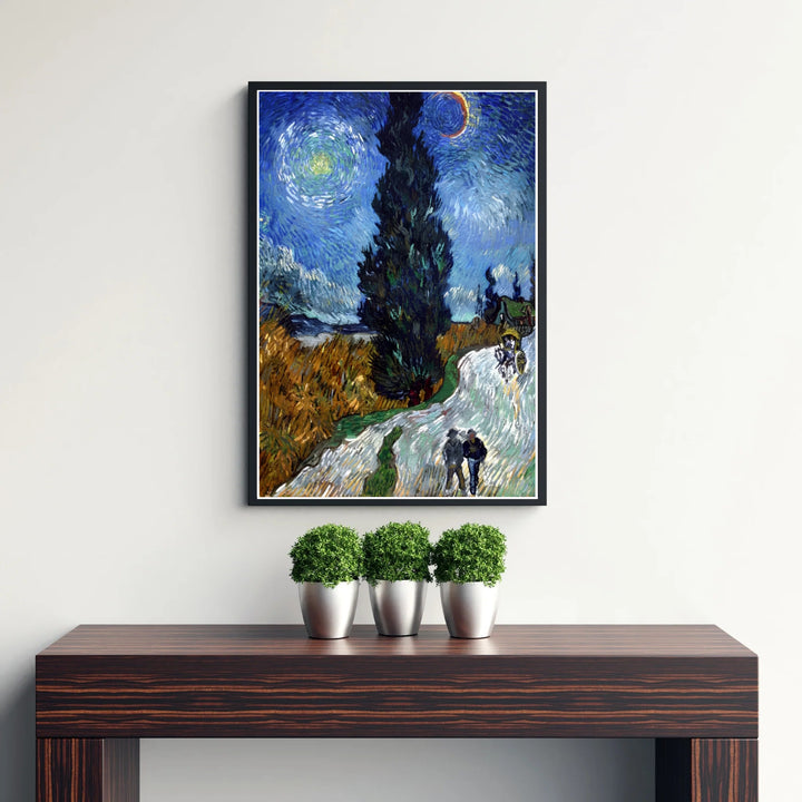 Fine art wall decor print of Vincent van Gogh Country Road in Provence by Night 1890 showcasing dramatic cypress trees and evening skies in Saint-Rémy-de-Provence France. MapYourDreams supplies custom framed paper prints, unframed posters, and gallery stretched canvas art for room layouts.