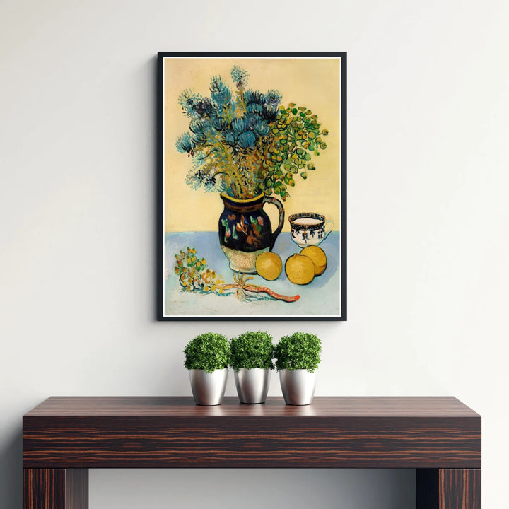 Vintage French country still life print of Vincent van Gogh Majolica Jar Wildflowers 1888 capturing a floral arrangement in Arles France. Discover custom framed prints, unframed poster options, and stretched canvas wall decor at MapYourDreams for your home art display.