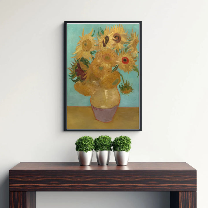 Fine art wall decor print of Vincent van Gogh Sunflowers on Blue 1888 displaying detailed impasto brushwork in Arles France. MapYourDreams supplies custom framed paper prints, unframed posters, and gallery stretched canvas art suitable for classic fine art wall layouts.