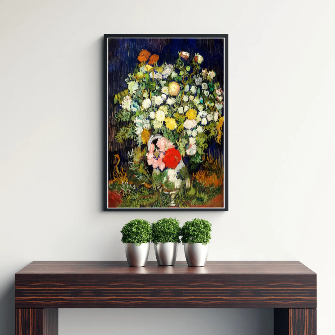 Vintage French botanical still life print of Vincent van Gogh Vase With Flowers 1890 capturing red and white blossoms in Auvers-sur-Oise France. Discover custom framed prints, unframed poster options, and stretched canvas wall decor at MapYourDreams for your home art display.