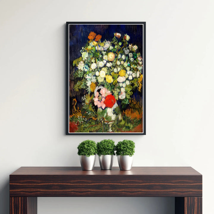 Vintage French botanical still life print of Vincent van Gogh Vase With Flowers 1890 capturing red and white blossoms in Auvers-sur-Oise France. Discover custom framed prints, unframed poster options, and stretched canvas wall decor at MapYourDreams for your home art display.