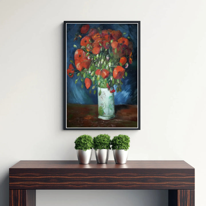 French Post-Impressionism fine art poster of Vincent van Gogh Vase With Red Poppies 1886 illustrating red petals in Paris France. MapYourDreams delivers archival framed wall art, unframed paper prints, and gallery canvas wall decor designed to enhance study room aesthetic setups.