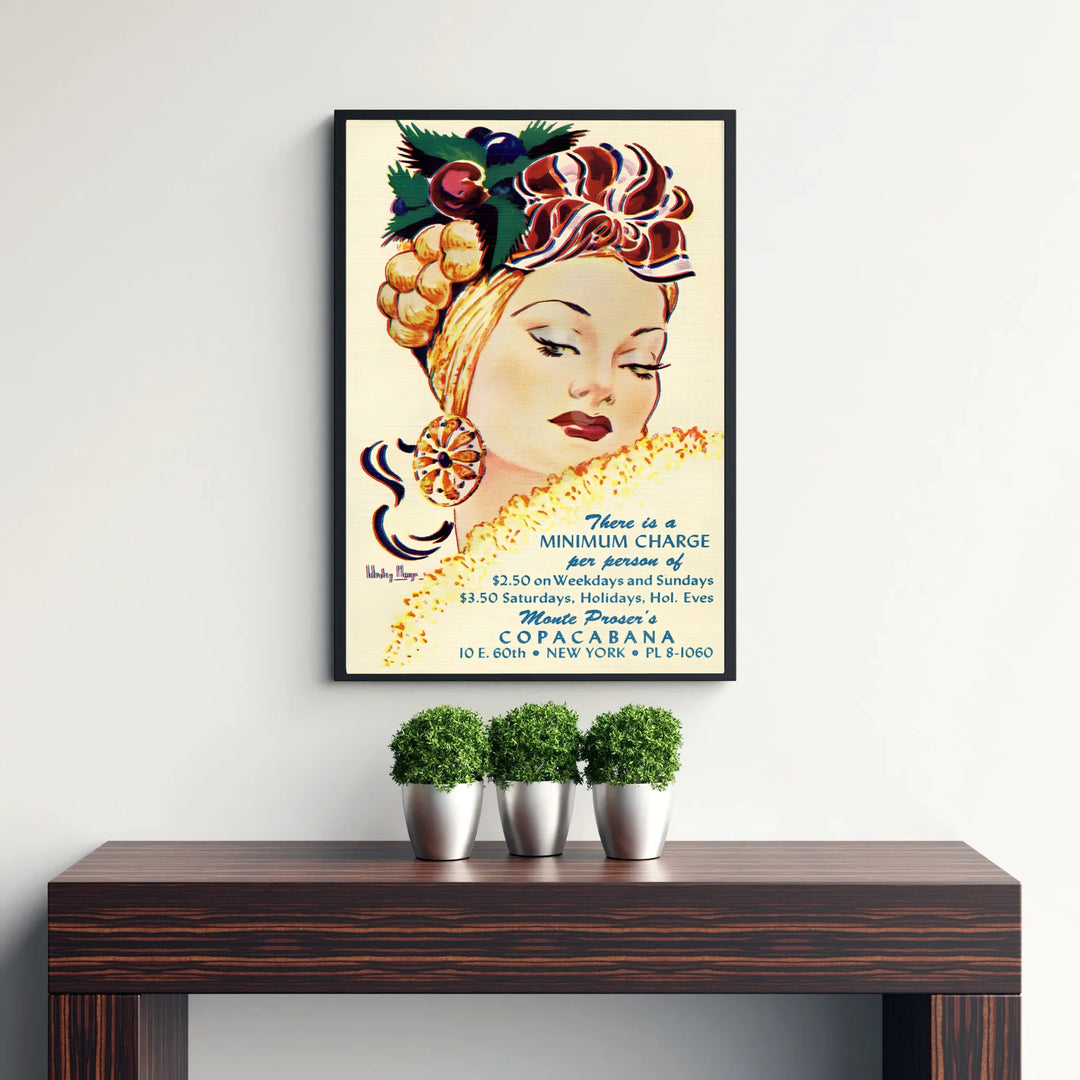 Authentic retro Copacabana cabaret poster showing mid-century New York venue details and elegant fashion sketch artwork, available at MapYourDreams as an unframed paper print, gallery wrapped canvas art, or custom framed wall decor in natural wood and grey frames for dining spaces.