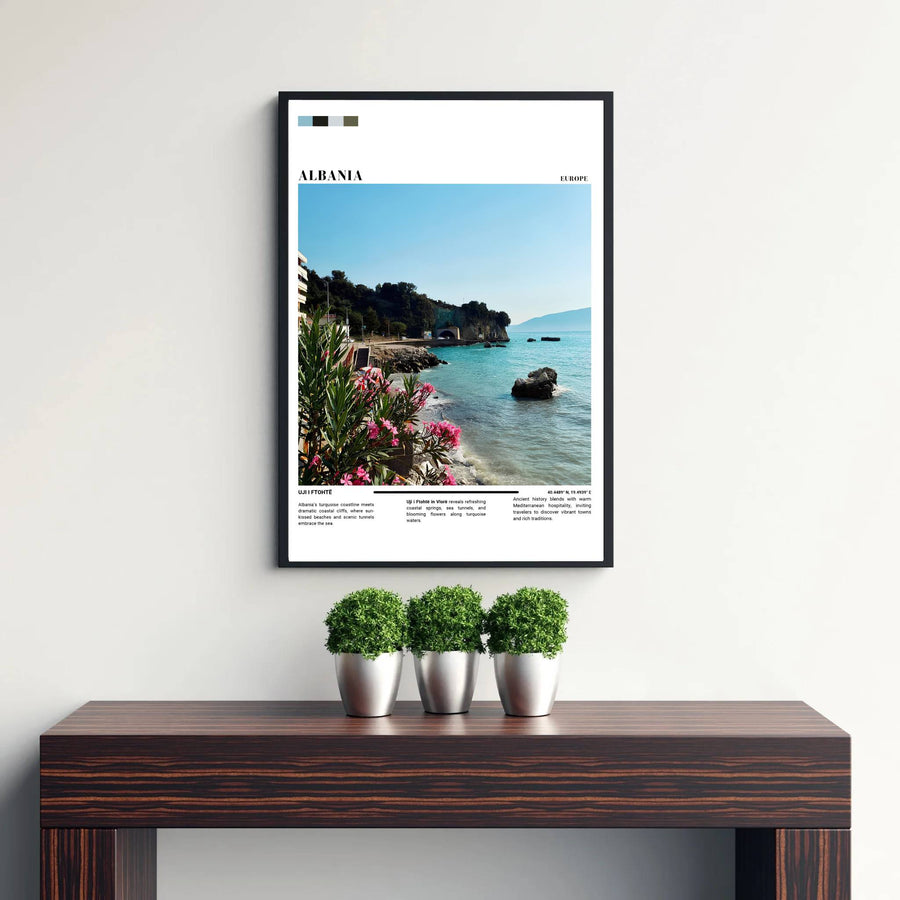 Transport your walls to the sun-drenched Albanian Riviera with a modern photo-poster rendering of Vlorë&