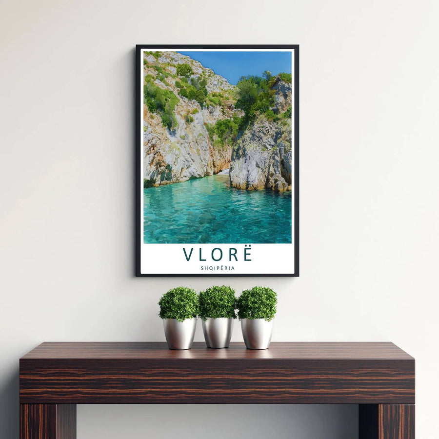 Transport your walls to the sun-drenched Albanian Riviera with a modern vector art rendering of Gjipe&
