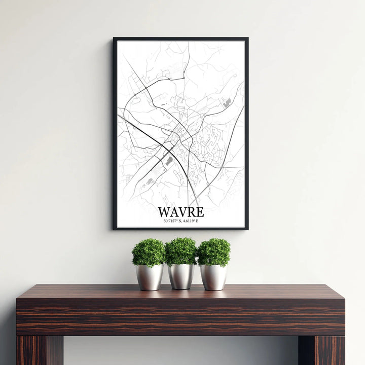 Detail-oriented black and white map design of Wavre, Belgium, capturing main transit routes, neighborhood streets, and subtle water bodies cleanly. Offered by MapYourDreams, this artwork is available in flexible options including unframed paper, custom wooden frames, and gallery canvas wraps.