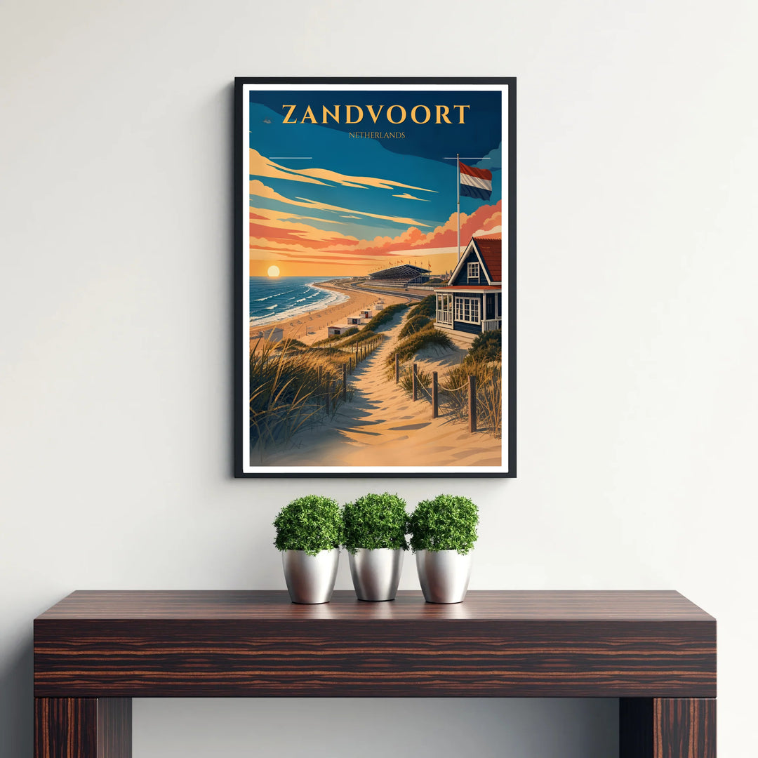 Artistic coastal poster capturing the serene beauty of Zandvoort beach dunes, ocean waves, and Dutch flags at golden hour in the Netherlands, available from MapYourDreams with catalog choices for an unframed archival poster, a stretched gallery canvas print, or a custom framed wall display.