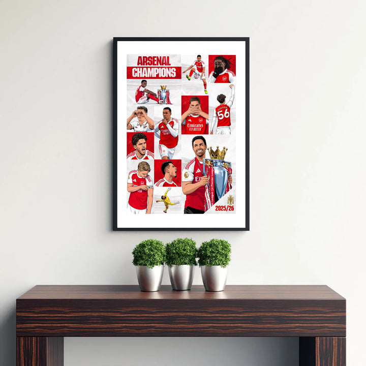 Action collage print of Arsenal FC 25/26 Premier League Champions celebrating at Emirates Stadium, offered as an unframed print, framed picture, or canvas wall decor for football fans.
