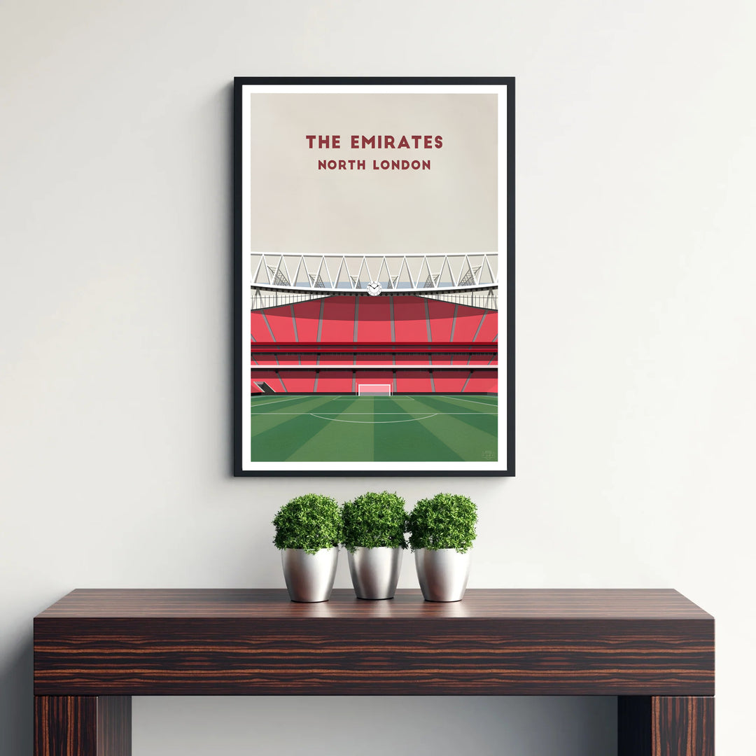 Graphic stadium illustration wall art decor showing Emirates Stadium pitch layout and North London header text, available as unframed paper, framed prints, or canvas options at MapYourDreams.