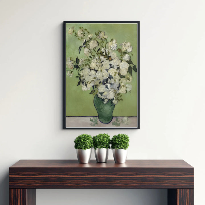 Vintage French botanical still life print of Vincent van Gogh Roses 1890 capturing lush rose blossoms in Saint-Remy-de-Provence France. Discover custom framed prints, unframed poster options, and stretched canvas wall decor at MapYourDreams for your home art display.